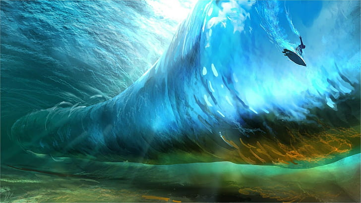 digital, arte digital, ilustración, paisaje, agua, bajo el agua, surfistas, surf, olas, luces, azul, verde, medio ambiente, arte conceptual, pintura digital, dibujo, agua tropical, tropical, naturaleza, mar, surrealista, ilustración, rayos de sol, Fondo de pantalla HD