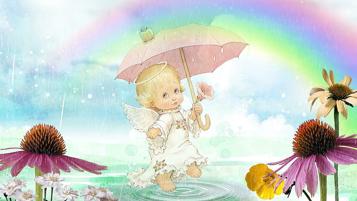 April Showers Angel, firefox persona, puddle, bird, cute, rainbow, flowers, umbrella, angel, rain, 3d and abstract, วอลล์เปเปอร์ HD