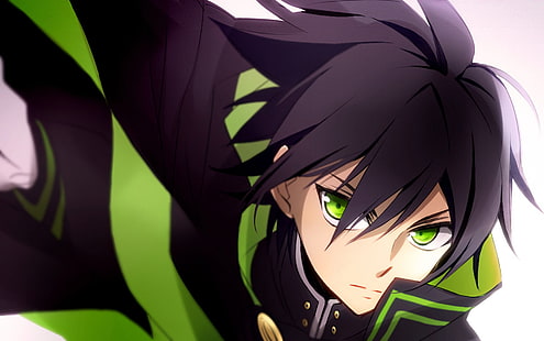 чернокос мъжки аниме герой в черно-зелена роба, аниме, Серафим на края, черна коса, момче, едър план, зелени очи, къса коса, униформа, Yūichirō Hyakuya, HD тапет HD wallpaper