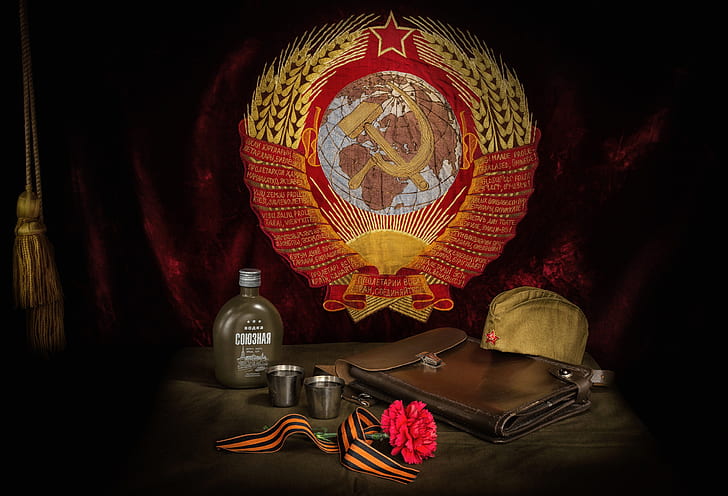 flor, tableta, coño, clavel, pancarta, Día de la Victoria, frasco, 9 de mayo, cinta de San Jorge, El escudo de armas de la URSS, Fondo de pantalla HD