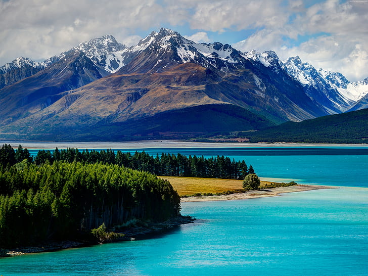 Nouvelle-Zélande, 4k, repos, ciel, vacances, lac Tekapo, voyage, montagnes, réservation, nuages, 5k, île du Sud, Fond d'écran HD