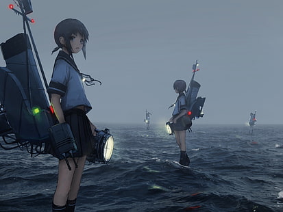 meninas anime, coleção Kantai, mar, cabelo curto, uniforme escolar, saia, HD papel de parede HD wallpaper