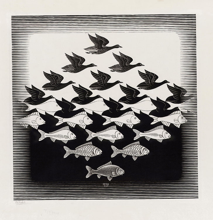 zwierzęta, monochromatyczne, grafika, złudzenie optyczne, ryby, podpisy, M. C. Escher, ilustracja, rysunek, ptaki, Tapety HD, tapety na telefon