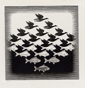 животные, монохромный, произведения искусства, оптическая иллюзия, рыба, подписи, М. С. Эшер, иллюстрация, рисунок, птицы, HD обои HD wallpaper