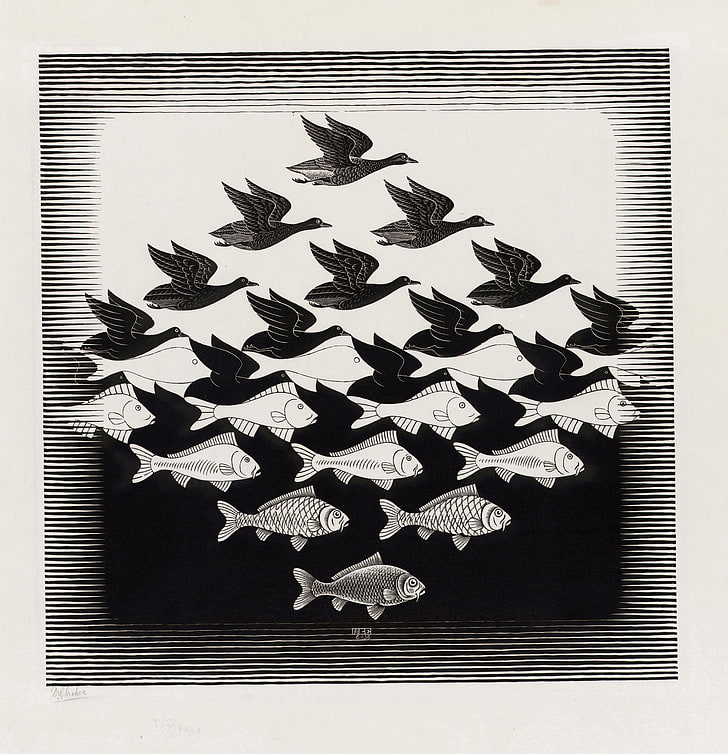 pesci e uccelli decorazioni murali, opere d'arte, illusione ottica, disegno, M. C. Escher, monocromatico, animali, uccelli, pesce, illustrazione, firme, Sfondo HD, sfondo telefono