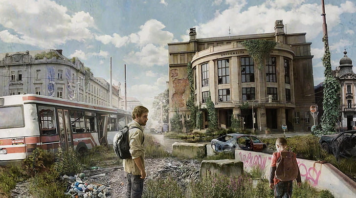 мъж, който гледа момче илюстрация, дигитално изкуство, апокалиптик, Братислава, Словакия, сграда, университет, автобуси, раници, останки, мъже, деца, облаци, руини, град, The Last of Us, видео игри, HD тапет