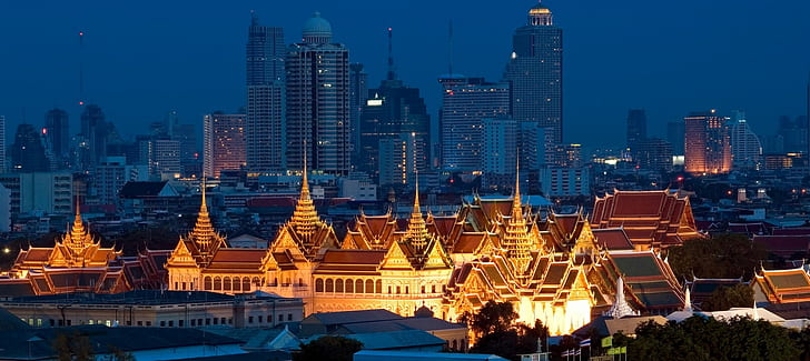 La Tailandia, tailandese, città, Bangkok, paesaggio, prospettiva, costruzione, architettura, tempio, notte, Sfondo HD