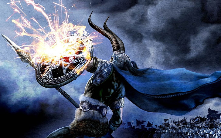 Caballero con ilustración de escudo, música, música de metal, Amon Amarth, vikingos, heavy metal, cuernos, Loki, lanza, escudo, Fondo de pantalla HD