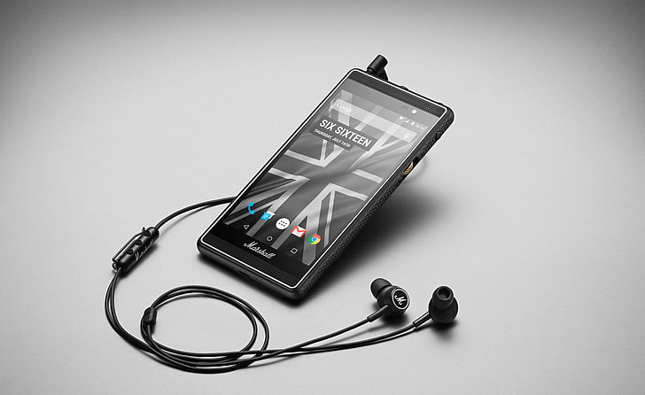 black Android smartphone, marshall, london, smartphone, touch screen, headphones, HD wallpaper