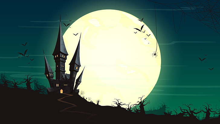 Halloween, graphiques, lune, obscurité, nuit, château, nuit d'halloween, pleine lune, chauves-souris, illustration, art, château hanté, 8k uhd, Fond d'écran HD