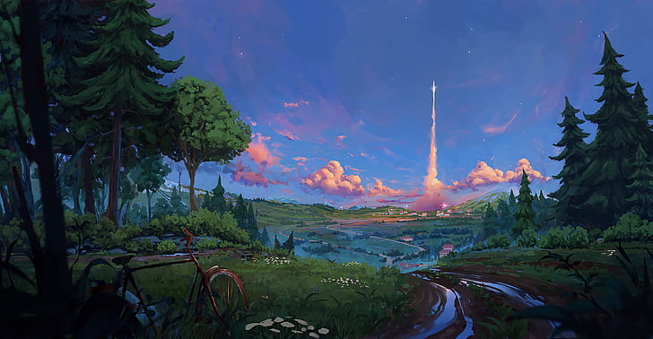Raketenstart, Fantasy-Welt, landschaftlich, Wald, Fahrrad, Bäume, Wolken, Sterne, Fantasy, HD-Hintergrundbild