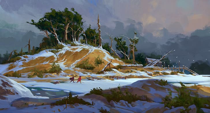 Эрикас Перл, концепт-арт, пейзаж, зима, снег, люди, филиал, трава, деревья, озеро, лодка, птицы, путь, иллюстрация, HD обои
