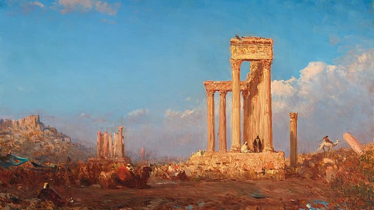 malarstwo, ruiny, ruiny antycznego miasta, greckie kolumny, Tapety HD