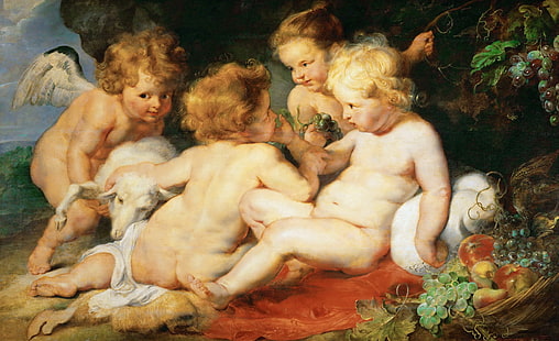 quadro, religione, Peter Paul Rubens, mitologia, Pieter Paul Rubens, Gesù Bambino Giovanni Battista e Due angeli, Sfondo HD HD wallpaper