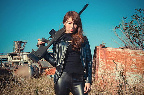 Donne, ragazze e pistole, asiatico, bruna, ragazza, modello, fucile, arma, donna, Sfondo HD HD wallpaper