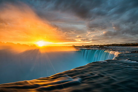 Sun Sunrise Waterfall Rays Ниагарская фотогалерея, водопады, галерея, Ниагара, фото, лучи, восход, водопад, HD обои HD wallpaper