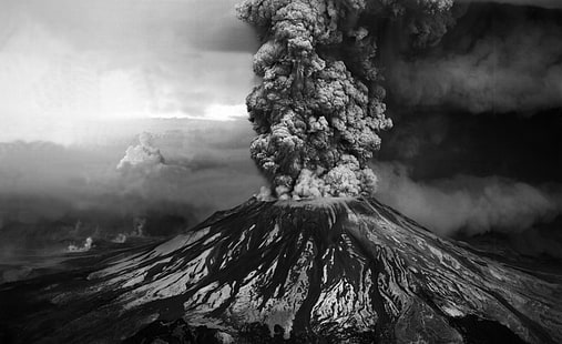 Извержение вулкана, фото в градациях серого извержение вулкана, черно-белое изображение, извержение вулкана, HD обои HD wallpaper