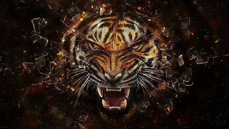 tigre vidro quebrado cacos de vidro rosto dentes animais arte digital arte, HD papel de parede