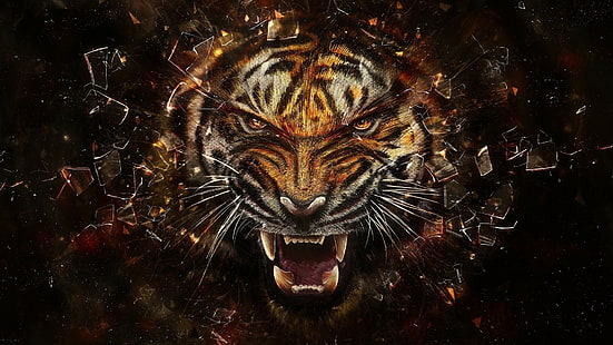 tiger glass broken glass shards face teeth animals artwork digital art, HD wallpaper HD wallpaper