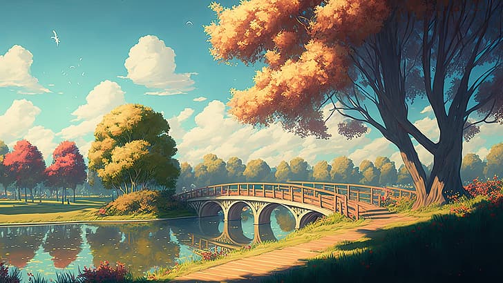 AI art, lake, clouds, landscape, trees, road, bridge, park, HD wallpaper