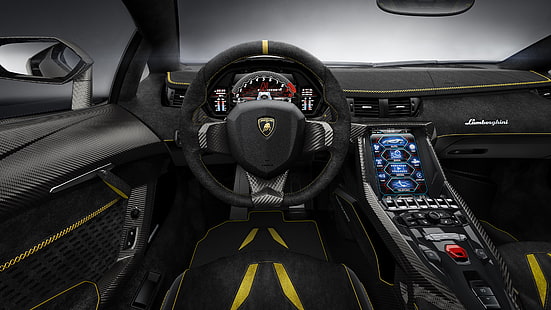 черен волан на Lamborghini, Lamborghini Centenario LP770-4, кола, превозно средство, Super Car, интериор на автомобила, табла, волан, лукс, HD тапет HD wallpaper