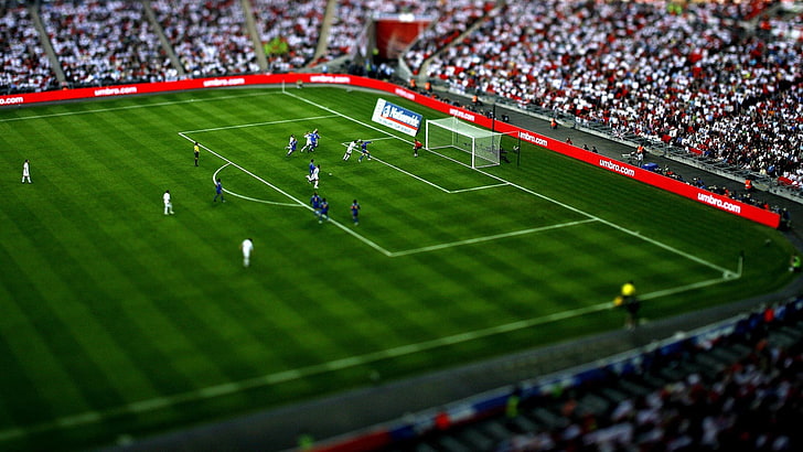 football digital wallpaper, soccer, soccer pitches, blurred, crowds, sports, tilt shift, footballers, HD wallpaper