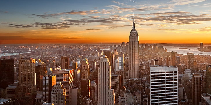 Фото с высоты птичьего полета Эмпайр Стейт Билдинг, Нью-Йорк во время золотого часа, Нью-Йорк, Эмпайр Стейт, городской пейзаж, HD обои