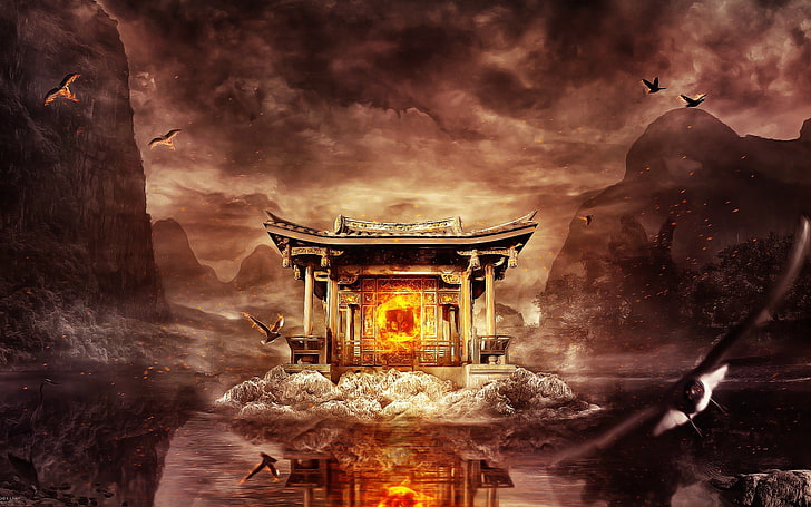 Tempel in der Mitte des Gewässers Malerei, digitale Kunst, Fantasy-Kunst, HD-Hintergrundbild