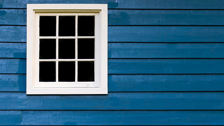 vitt franskt träfönster, vägg, enkelt, trä, plankor, fönster, träytan, fyrkantigt, blått, linjer, HD tapet