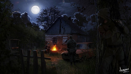 night, the moon, Stalker, Art, the fire, stalkers, HD wallpaper HD wallpaper