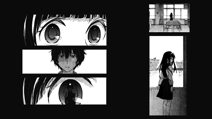 kolaż z filmu rysunkowego, manga, monochromatyczny, Hyouka, Tapety HD
