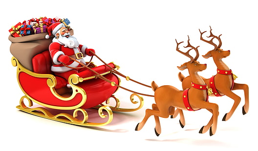 Santa Claus and sleigh illustration, gifts, New year, deer, Reindeer, vector art, merry Christmas, Santa Claus is, santa claus coming, Santa's Sleigh, HD wallpaper HD wallpaper