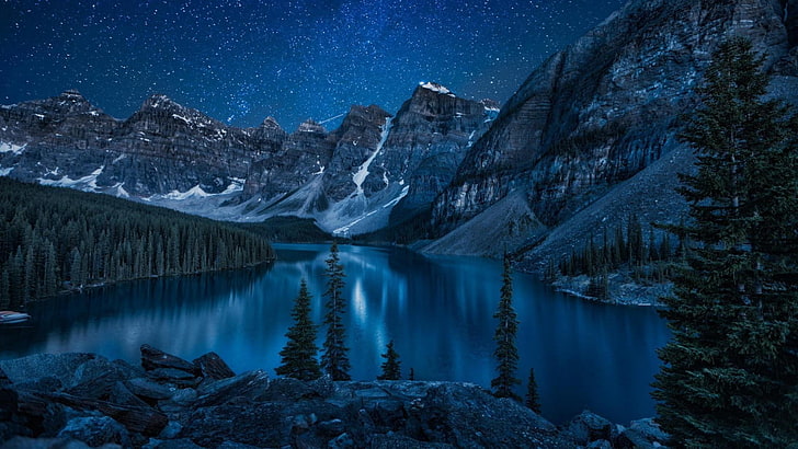 morän, kanada, stjärnor, natthimmel, stjärnklar natt, natt, frysning, toppar, vinter, bergskedja, morän sjö, sjö, bergslandskap, glacial sjö, dal, vatten, himmel, berg, banff nationalpark, reflektion, HD tapet