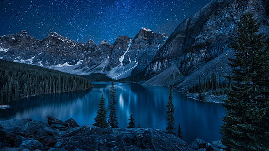 morena, Kanada, gwiazdy, nocne niebo, gwiaździsta noc, noc, zamrażanie, szczyty, zimowy, pasmo górskie, jezioro morenowe, jezioro, zamontować scenerię, jezioro polodowcowe, dolina, woda, niebo, góra, park narodowy Banff, odbicie, Tapety HD HD wallpaper