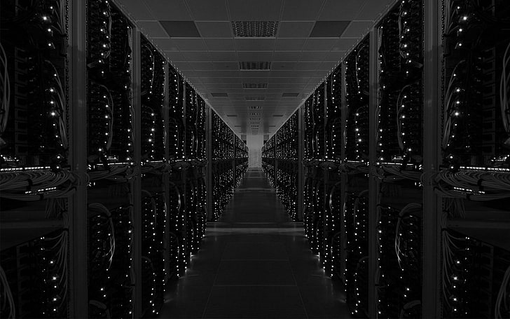 серый и черный коридор, дата-центр, сервер, геометрия, технологии, монохромный, HD обои