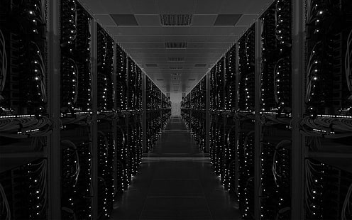 pasillo gris y negro, centro de datos, servidor, geometría, tecnología, monocromo, Fondo de pantalla HD HD wallpaper