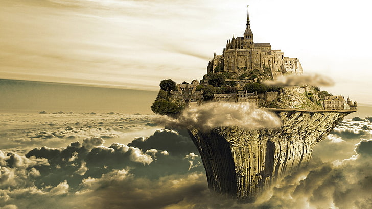 плаващ градски тапет, замъци, замък, CGI, облак, дигитално изкуство, фентъзи, остров, манипулация, небе, сюрреалистично, HD тапет
