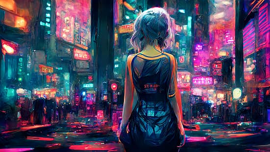 サイバー パンク、アニメの女の子、ネオン、都市、ネオン、未来、AI アート、 HDデスクトップの壁紙 HD wallpaper