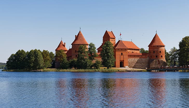 вода, езеро, замък, остров, Литва, замък Тракай, Тракай, езерото Галве, HD тапет
