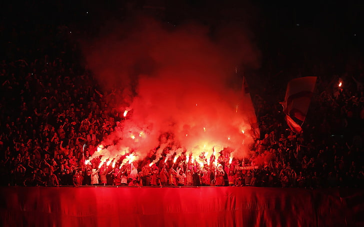 red, soccer, fire, smoke, fans, men, women, flag, HD wallpaper