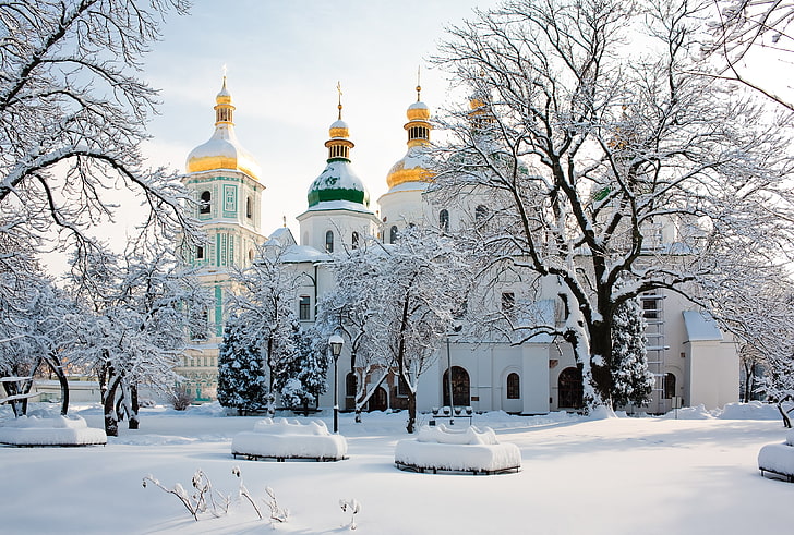 biała katedra, zima, śnieg, drzewa, Ukraina, Kijów, sobór św. Zofii, Tapety HD