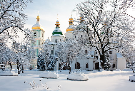 white cathedral, winter, snow, trees, Ukraine, Kiev, Saint Sophia Cathedral, HD wallpaper HD wallpaper