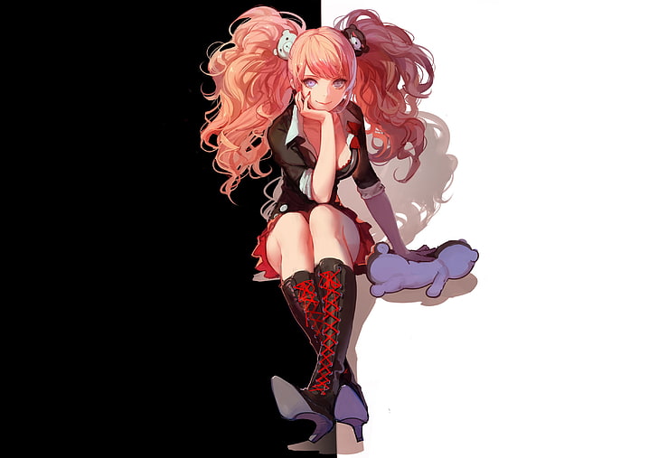 gadis berambut merah muda dalam ilustrasi top hitam, Danganronpa, anime, gadis anime, Enoshima Junko, Monobear, hitam, putih, rambut merah muda, boneka beruang, Wallpaper HD