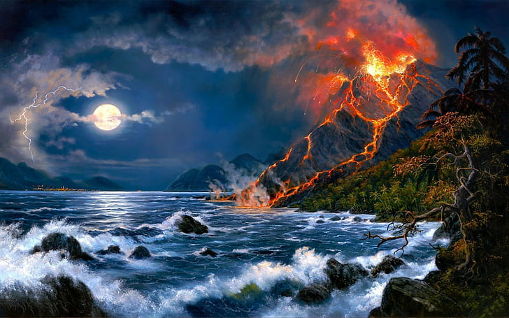 artwork, fire, landscape, Lava, mountain, mountains, nature, ocean, painting, sea, volcano, HD wallpaper