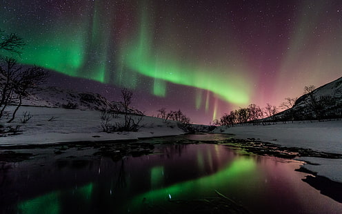Aurora Borealis Северно сияние Нощ Зелени звезди Снег Зима Река Отражение HD, природа, нощ, зелено, сняг, звезди, зима, отражение, река, светлини, полярно сияние, бореалис, северно, HD тапет HD wallpaper