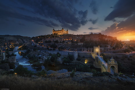 sunset, evening, Juan Pablo de Miguel, cityscape, Toledo, Spain, castle, bridge, old building, old bridge, river, clouds, lights, HD wallpaper HD wallpaper