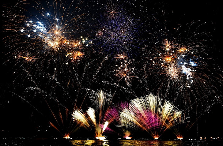 fuegos artificiales, año nuevo, vacaciones, lago, Italia, luces, noche, paisaje, Fondo de pantalla HD
