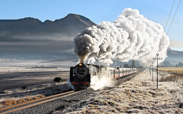 Train, railway, smoky, mountains, Train, Railway, Smoky, Mountains, HD wallpaper