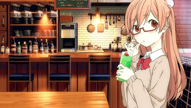 Anime, Anime Girls, trinken, Essen, Obst, Brille, Krawatte, lange Haare, Tanaka-kun wa Itsumo Kedaruge, Shiraishi, HD-Hintergrundbild