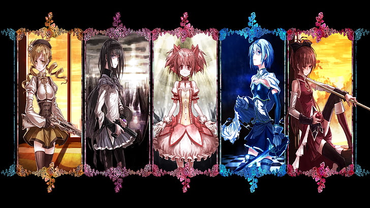 อะนิเมะ, Puella Magi Madoka Magica, Homura Akemi, Kyōko Sakura, Madoka Kaname, Mami Tomoe, Sayaka Miki, วอลล์เปเปอร์ HD